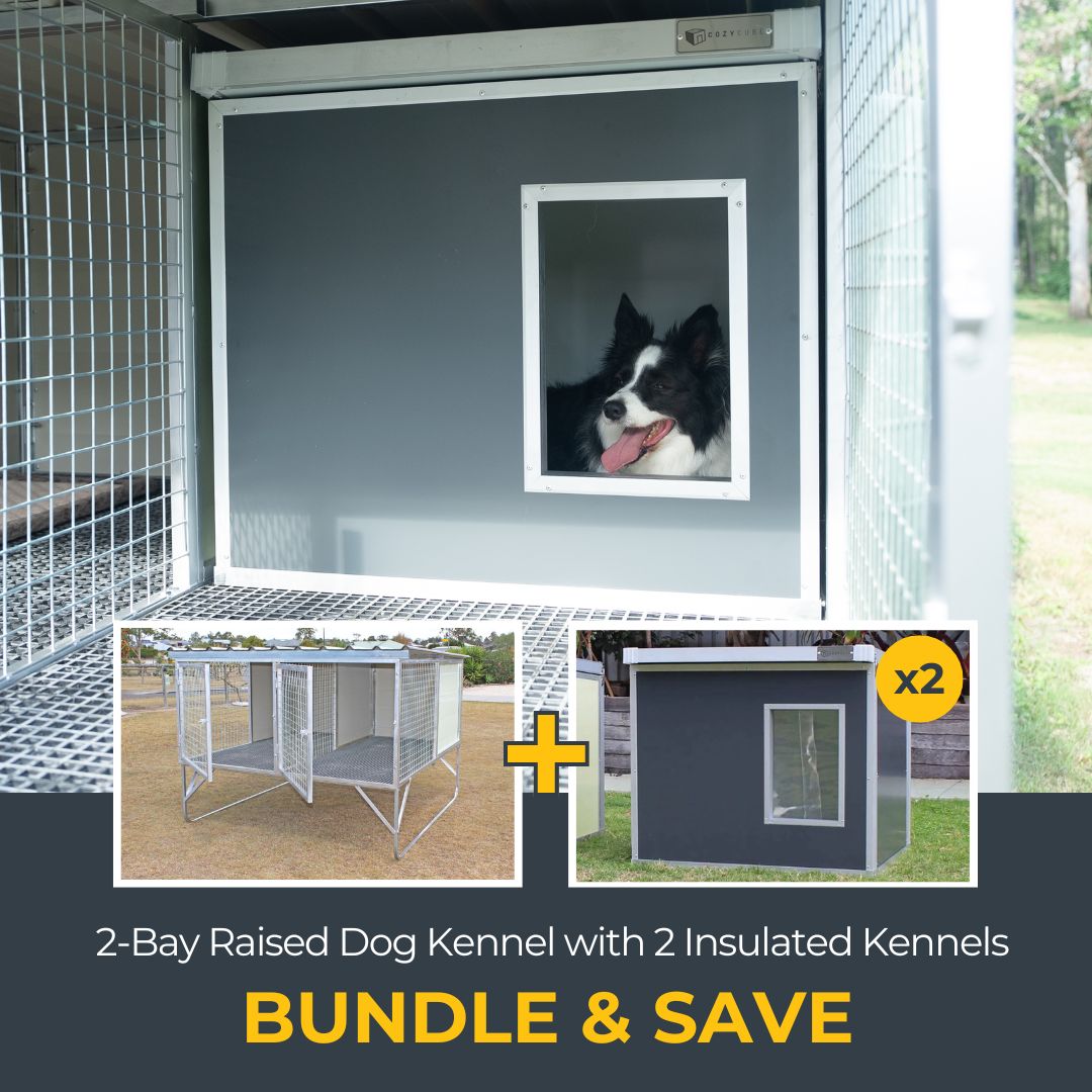 2-Bay Raised Kennel and Insulated Dog House Bundle
