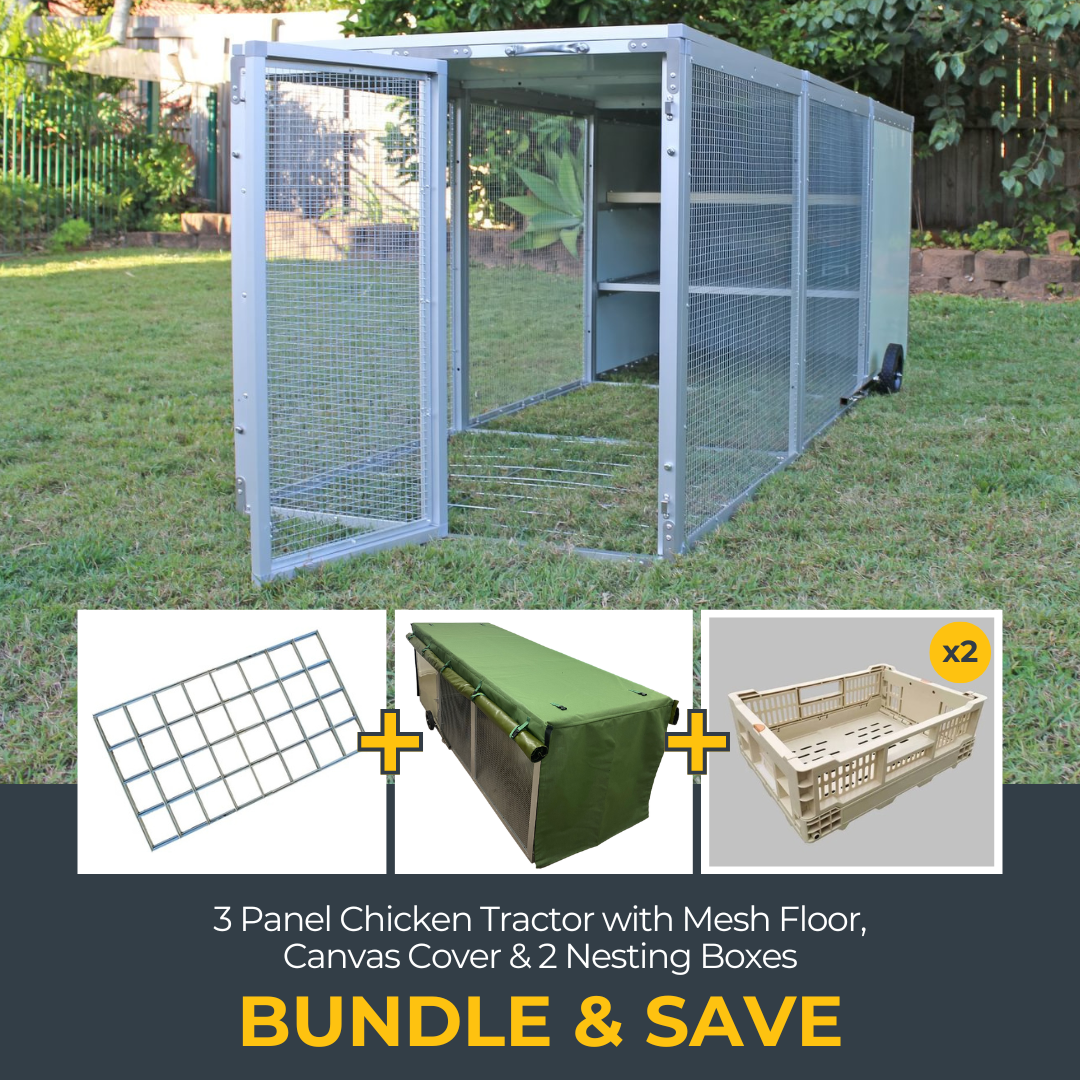 3-Panel Chicken Tractor + Mesh Floor + Canvas Cover + 2 Nesting Boxes Bundle