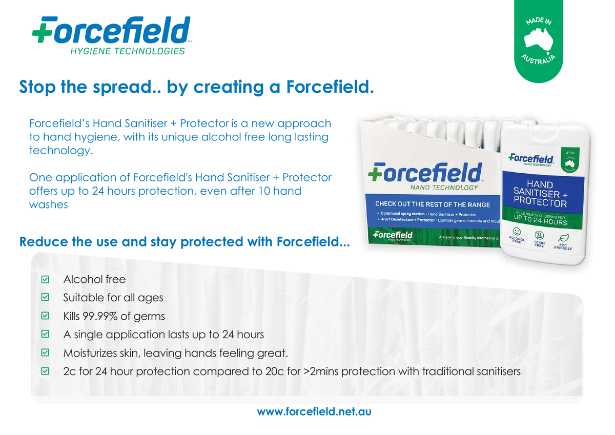 Forcefield Hand Sanitiser + Protector key benefits